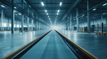 Fototapeta premium A wide conveyor belt in a warehouse setting, surrounded by a sleek, minimalist background with plenty of copy space.