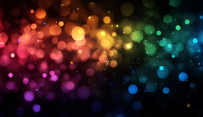 Abstract bokeh background with vibrant colors.  A multitude of soft, blurred circles of light in a rainbow spectrum