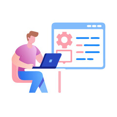 *"Software engineer testing code, minimalist linear icon in tech-inspired pink and blue on white background with copy space"*  