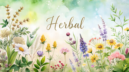 Obraz premium Watercolor herbal display background – gentle collage of overlapping herbs and flowers in soft natural tones with copy space
