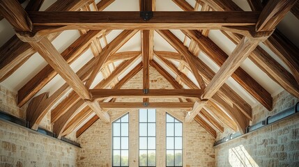 A wide shot of a loft-style roof with rustic beams and open ceiling, creating a sense of spaciousness, under a bright, clear sky with space for branding.