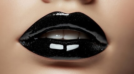 Fototapeta premium Beautiful Young woman with black lips on dark background,closeup face lady in studio background,smooth and glow skin. sexy beauty, healthy and girl or female with makeup.