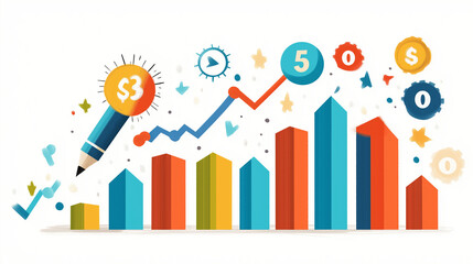 Financial Growth Illustration: A vibrant visual representation of financial growth and progress, showcasing upward trends through graphs and charts, along with other related business concepts. 