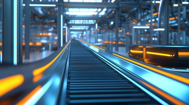 A wide view of a conveyor belt in a factory, moving items along a sleek metal path, leaving plenty of space for text or logos.