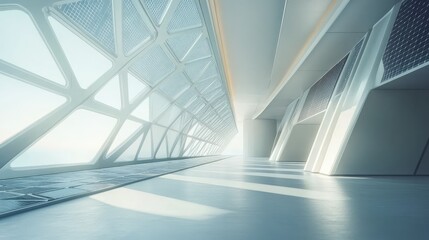 A wide view of a futuristic high-tech roof with solar panels and geometric design, offering a minimalist backdrop with ample space for text.