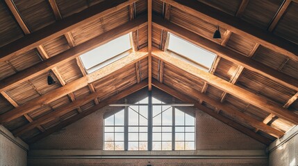 Obraz premium A wide view of a loft-style roof with exposed beams and large windows, capturing the bright, open feel of the space with room for text.