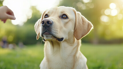 Alert Labrador Retriever Looking Up Outdoors on a Sunny Day Waiting for a Treat in Nature Park