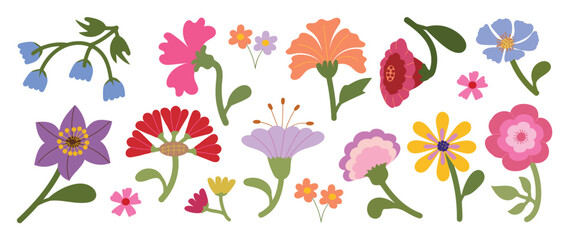 Collection of spring colorful flower elements vector. Set floral of wildflower, leaf branch, foliage on white background. Hand drawn blossom illustration for decor, easter, thanksgiving, clipart.