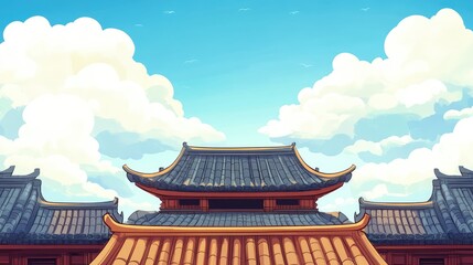 A wide view of a traditional Japanese roof with curved, detailed tiles and wooden beams, offering ample copy space above the structure.