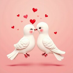 Couple of Love white Dove with red hearts. romantic illustration perfect for national Kissing day poster greeting card cover template design. Love concept with kiss bird. Valentine's Day poster cover