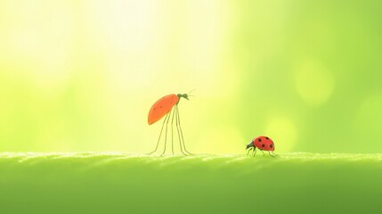 Naklejka premium Red Insect and Ladybug on Leaf, Close up of a red insect and ladybug on a green leaf.