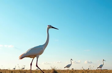 Fototapeta premium Freedom banner theme with Stork family on blue sky background. Placard with Stork and Empty space for text. Peace concept. 