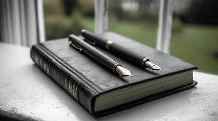 Elegant Fountain Pens Resting on a Leather-Bound Notebook