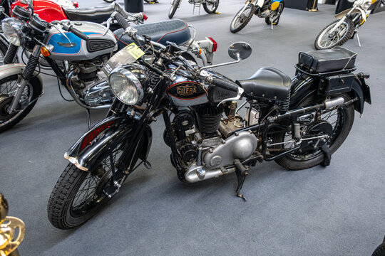 Modena, Italy : 2025 03 30 Motor Fest Expo Motorbike A vintage Gilera VTE 500 motorcycle is showcased indoors