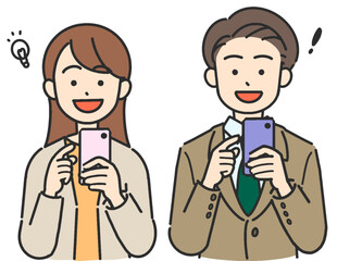 スマホを持って笑顔のスーツ姿の若い男女のイラスト
