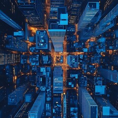 Plakat Night city aerial view, skyscrapers, urban, glowing lights, street, technology, finance, business, background, advertising