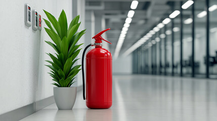 Obraz premium Red Fire Extinguisher and Green Plant in Office Hallway Safety and Decoration Together Arrangement