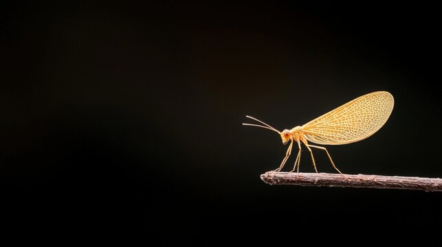 Golden Lacewing on Twig, Close up of a delicate golden lacewing insect.