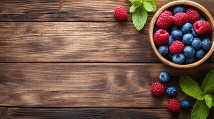 Naklejka premium Fresh blueberries and raspberries in a bowl on a wooden table, with room above for marketing copy.