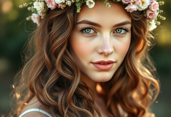 Naklejka premium Young woman with floral crown in natural light