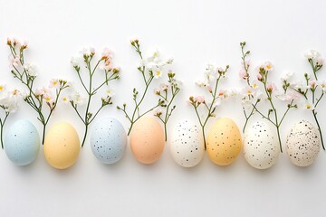Fototapeta premium Pastel Easter eggs nestled amongst delicate spring blossoms, a cheerful springtime arrangement with soft lighting and a minimalist white background.