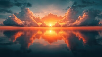 Fiery Sunset over Calm Ocean: A Breathtaking Reflection of Nature's Majesty