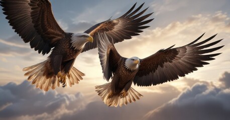 Obraz premium A majestic pair of eagle wings in flight with sharp edges and feathers in shades of brown and gray over a sky background, fierce, wildlife, flying