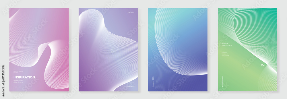 Aufkleber Abstract line wave poster background vector set. Minimalist cover template with vibrant perspective line wave in motion. Ideal design for social media, cover, banner, flyer, music, ads.
