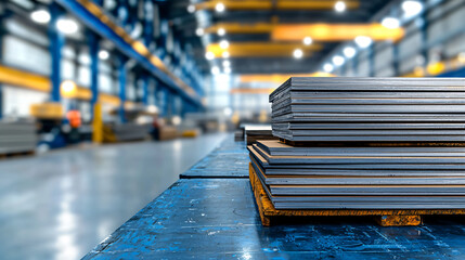 Stacked Metal Plates on Pallet in Factory with Overhead Cranes and Blue Support Beams Backdrop
