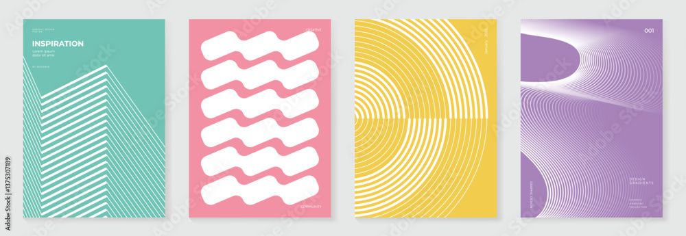 Poster abstract line wave poster background vector set. minimalist cover template with vibrant perspective 