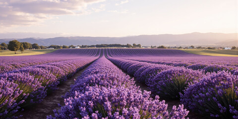 Obraz premium Vast Lavender Fields with Soft Horizon Endless rows of lavender stretch across the landscape, their purple flowers vibrant against