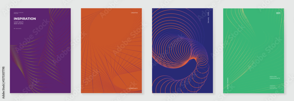 Poster abstract line wave poster background vector set. minimalist cover template with vibrant perspective 