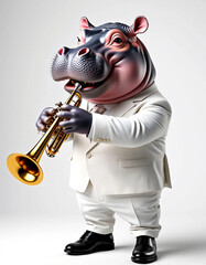 behemoth, animal, beast, like a man, humanized, animation, illustration, realistic, musician, trumpeter, trumpet, performer, soloist, music, jazz, pop, popular, pop, white, costume, white background