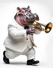 A hippo dancer in a carnival costume dances a Latin American dance with maracas in her paws on a white background