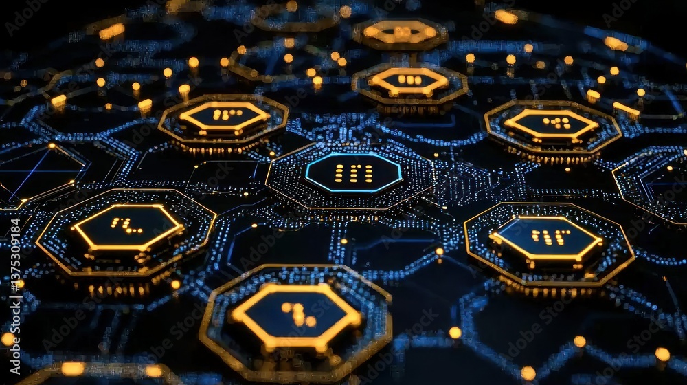 Poster abstract digital network: hexagonal circuitry and data flow