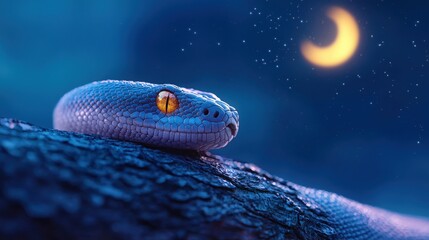 Fototapeta premium Night Serpent, Blue snake at night under crescent moon