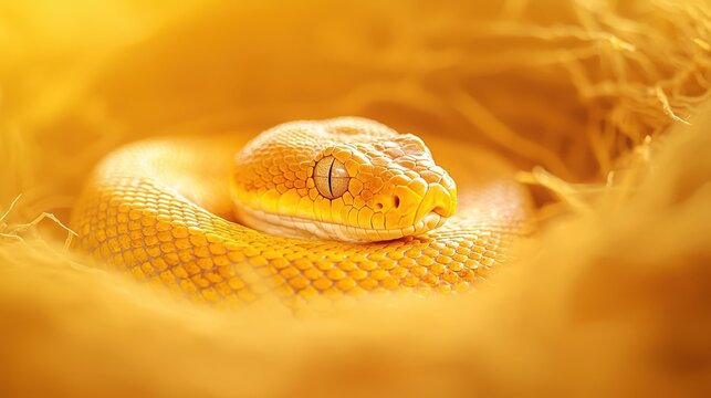 Golden Python in Nest, Close up of a yellow python resting in its nest.