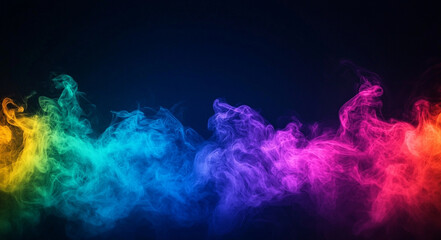 Fototapeta premium Colorful smoke waves create vibrant and dynamic abstract background, blending hues of blue, green, yellow, pink, and purple against dark backdrop