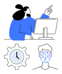 Woman interacting with desktop computer, gear with clock symbolizing time tracking, facial recognition feature. Ideal for HR systems, productivity, technology, workflow optimization, security
