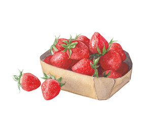 Watercolor painting of fresh strawberries in a berry basket, summer picnic food © ritaklimenko