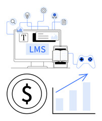 Computer with LMS interface, mobile device, book, game controller, dollar symbol, graph, and icons for learning and growth. Ideal for education, training resources e-learning progress