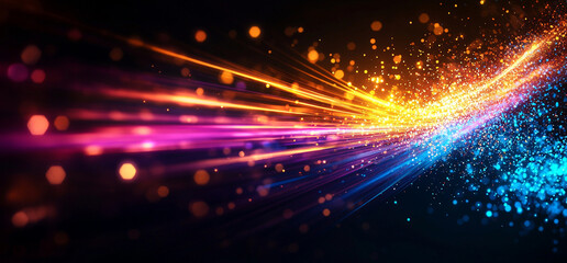 Fototapeta premium Colorful light beams create abstract gradient background with vibrant hues. This dynamic composition features bright orange, pink, and blue tones, evoking sense of energy and movement