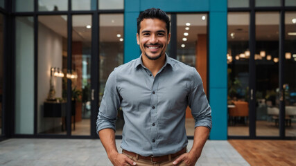 Fototapeta premium Portrait of a smiling man with a gray button-down shirt standing confidently outside an office building with glass doors and blue panels.