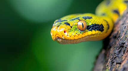 Fototapeta premium Emerald Tree Boa Close Up, Vibrant green snake on a tree branch