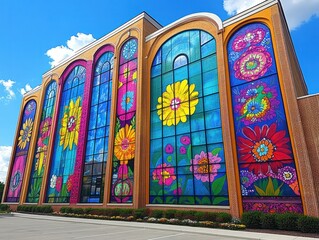 Brightly colored floral mural adorns large building exterior in a sunny urban setting
