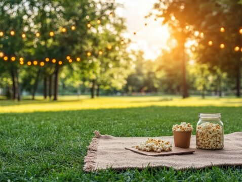 Outdoor popcorn snack setup enjoying sunset in a park with string lights illuminating the atmosphere - Powered by Adobe