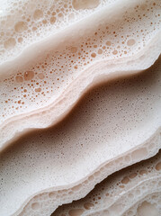 Macro shot of foamy ocean water and sand in layered beige tones, natural abstract texture