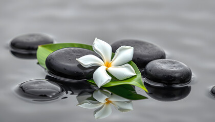 black wet spa stones with white flower on green leaf. beauty treatment concept. water reflection , with white tonespng