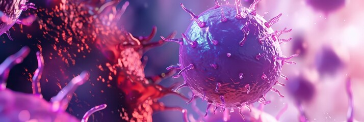 World Lupus Day. Purple viruses on a purple background. Horizontal banner. Copy space. Free space for text. Autoimmune disease and immune system disorders concept