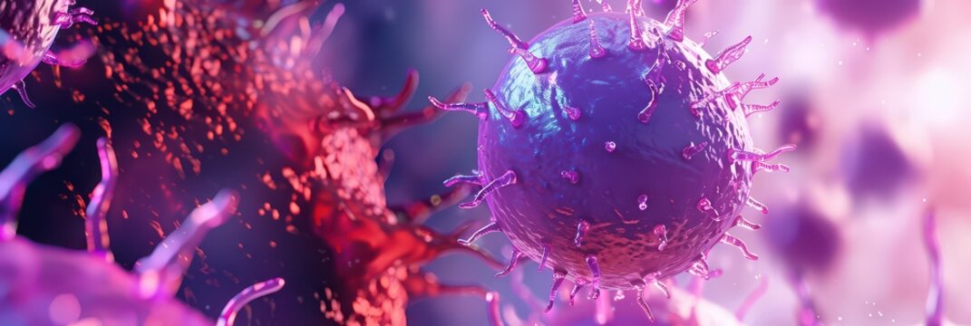 World Lupus Day. Purple viruses on a purple background. Horizontal banner. Copy space. Free space for text. Autoimmune disease and immune system disorders concept - Powered by Adobe